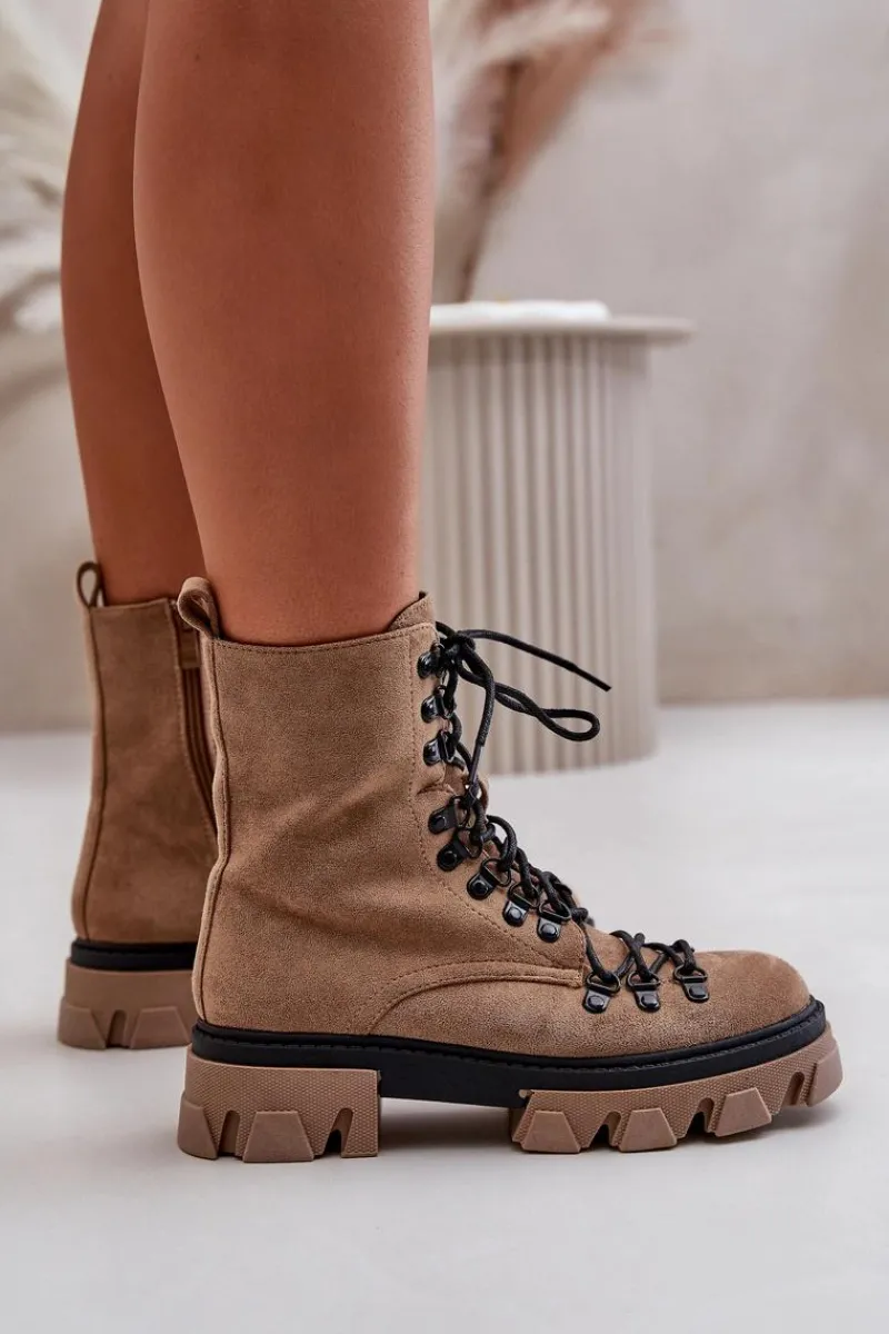 Damskie Trapery|Botki Sznurowane>Boto Ocieplane Zamszowe Botki Workery Wiązane Brązowe Pierro