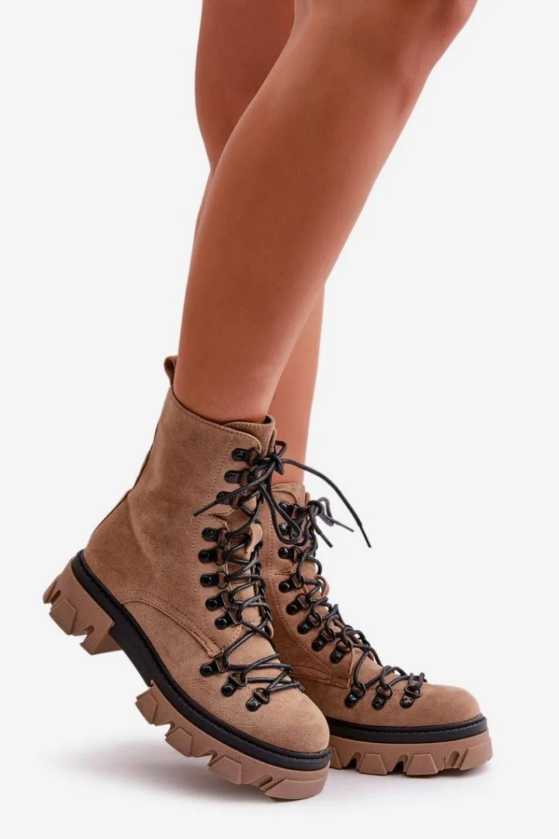 Damskie Trapery|Botki Sznurowane>Boto Ocieplane Zamszowe Botki Workery Wiązane Brązowe Pierro