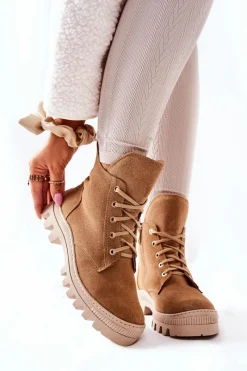 Discount Ocieplane Zamszowe Botki Trapery Camel Annabeth Damskie Botki Sznurowane|Botki Zimowe Damskie
