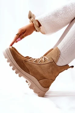 Discount Ocieplane Zamszowe Botki Trapery Camel Annabeth Damskie Botki Sznurowane|Botki Zimowe Damskie