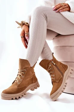 Discount Ocieplane Zamszowe Botki Trapery Camel Annabeth Damskie Botki Sznurowane|Botki Zimowe Damskie