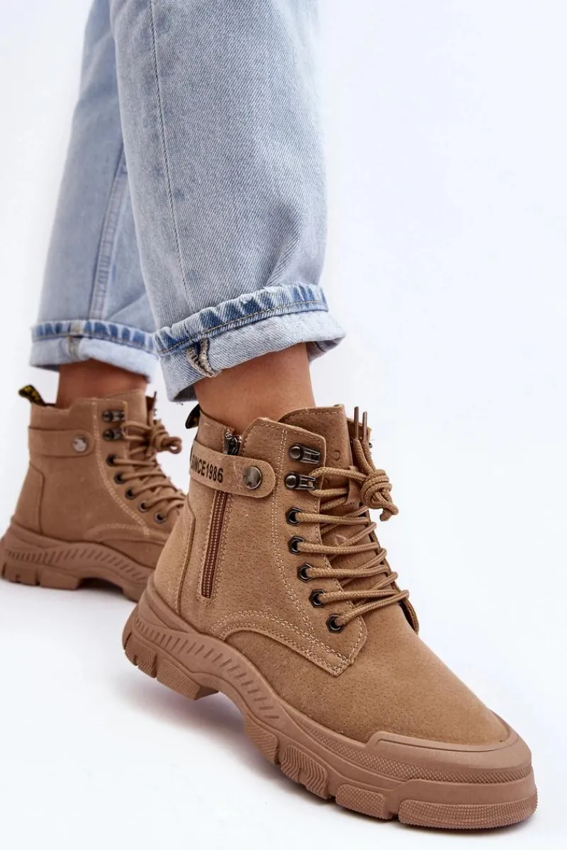 New Ocieplane Zamszowe Damskie Botki Trapery Beżowe Jailina Damskie Botki Ocieplane|Damskie Trapery