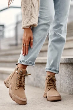 New Ocieplane Zamszowe Damskie Botki Trapery Beżowe Jailina Damskie Botki Ocieplane|Damskie Trapery