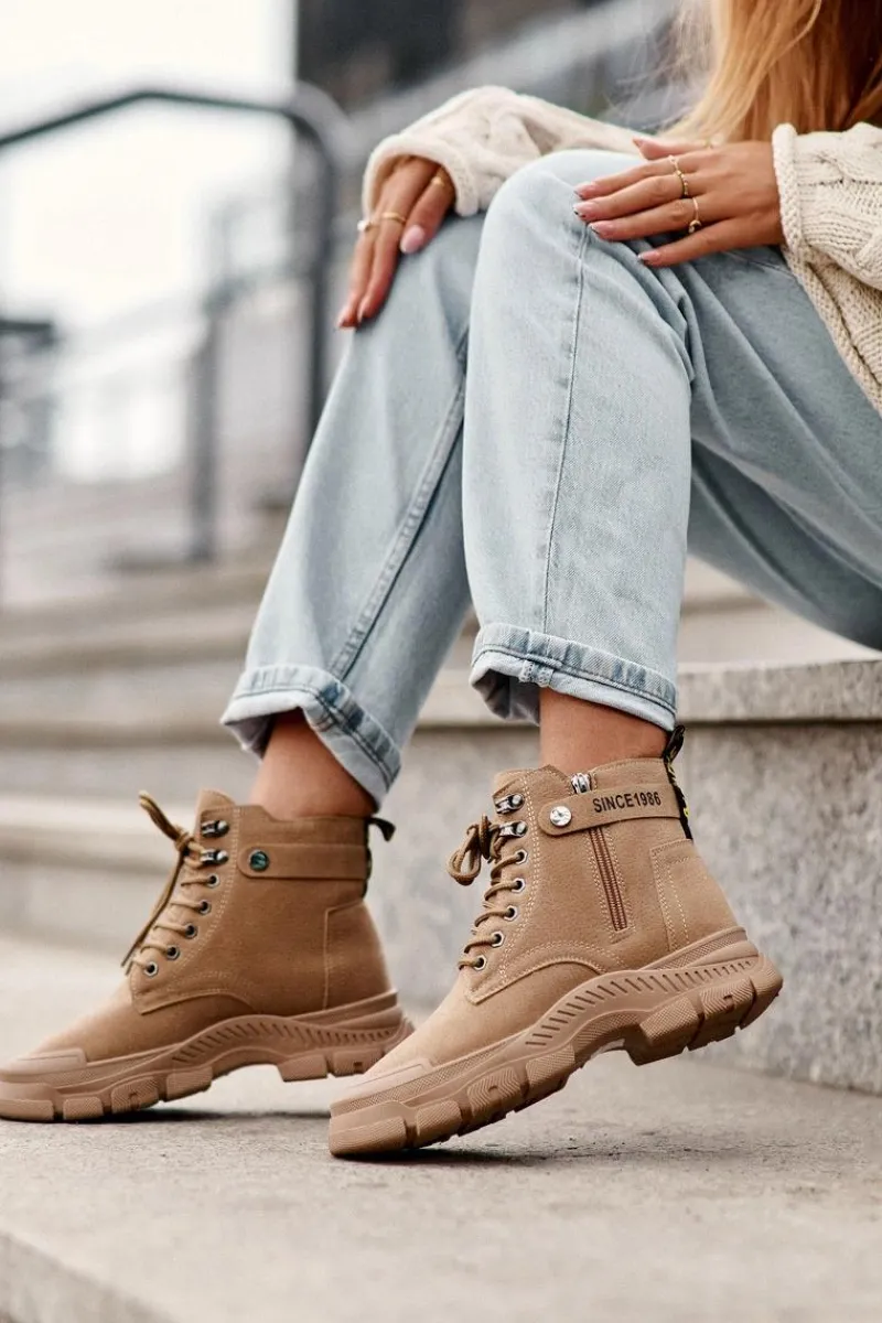 New Ocieplane Zamszowe Damskie Botki Trapery Beżowe Jailina Damskie Botki Ocieplane|Damskie Trapery