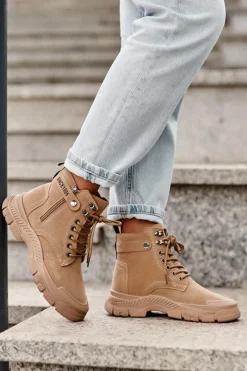 New Ocieplane Zamszowe Damskie Botki Trapery Beżowe Jailina Damskie Botki Ocieplane|Damskie Trapery