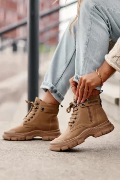 New Ocieplane Zamszowe Damskie Botki Trapery Beżowe Jailina Damskie Botki Ocieplane|Damskie Trapery