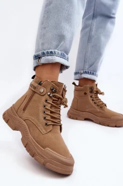 New Ocieplane Zamszowe Damskie Botki Trapery Beżowe Jailina Damskie Botki Ocieplane|Damskie Trapery