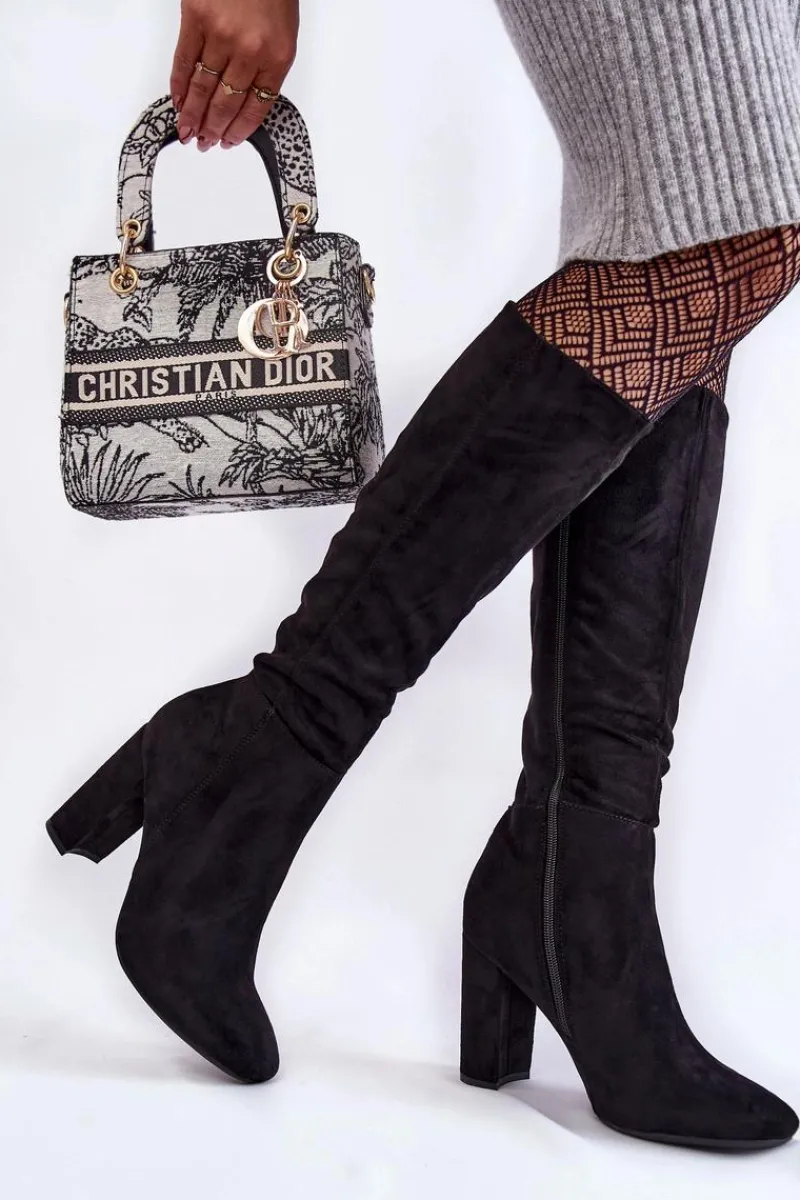 Outlet Ocieplane Zamszowe Kozaki Na Słupku Czarne Obsessive Damskie Kozaki Przed Kolano|Kozaki Na Obcasie