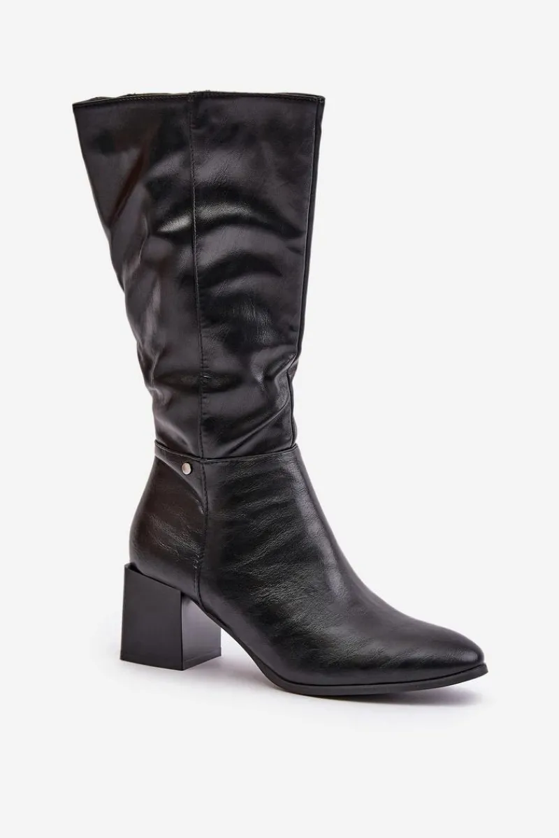 Sale Ocieplnae Kozaki Na Słupku Eko Skórzane Do Połowy Łydki Czarne Ellithira Damskie Kozaki Ocieplane|Kozaki Na Słupku