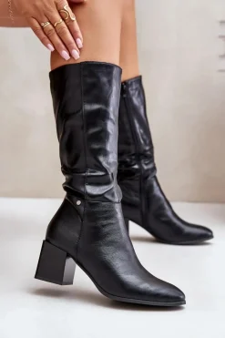 Sale Ocieplnae Kozaki Na Słupku Eko Skórzane Do Połowy Łydki Czarne Ellithira Damskie Kozaki Ocieplane|Kozaki Na Słupku