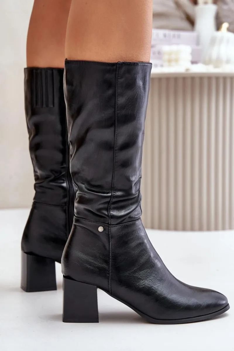 Sale Ocieplnae Kozaki Na Słupku Eko Skórzane Do Połowy Łydki Czarne Ellithira Damskie Kozaki Ocieplane|Kozaki Na Słupku