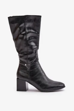 Sale Ocieplnae Kozaki Na Słupku Eko Skórzane Do Połowy Łydki Czarne Ellithira Damskie Kozaki Ocieplane|Kozaki Na Słupku
