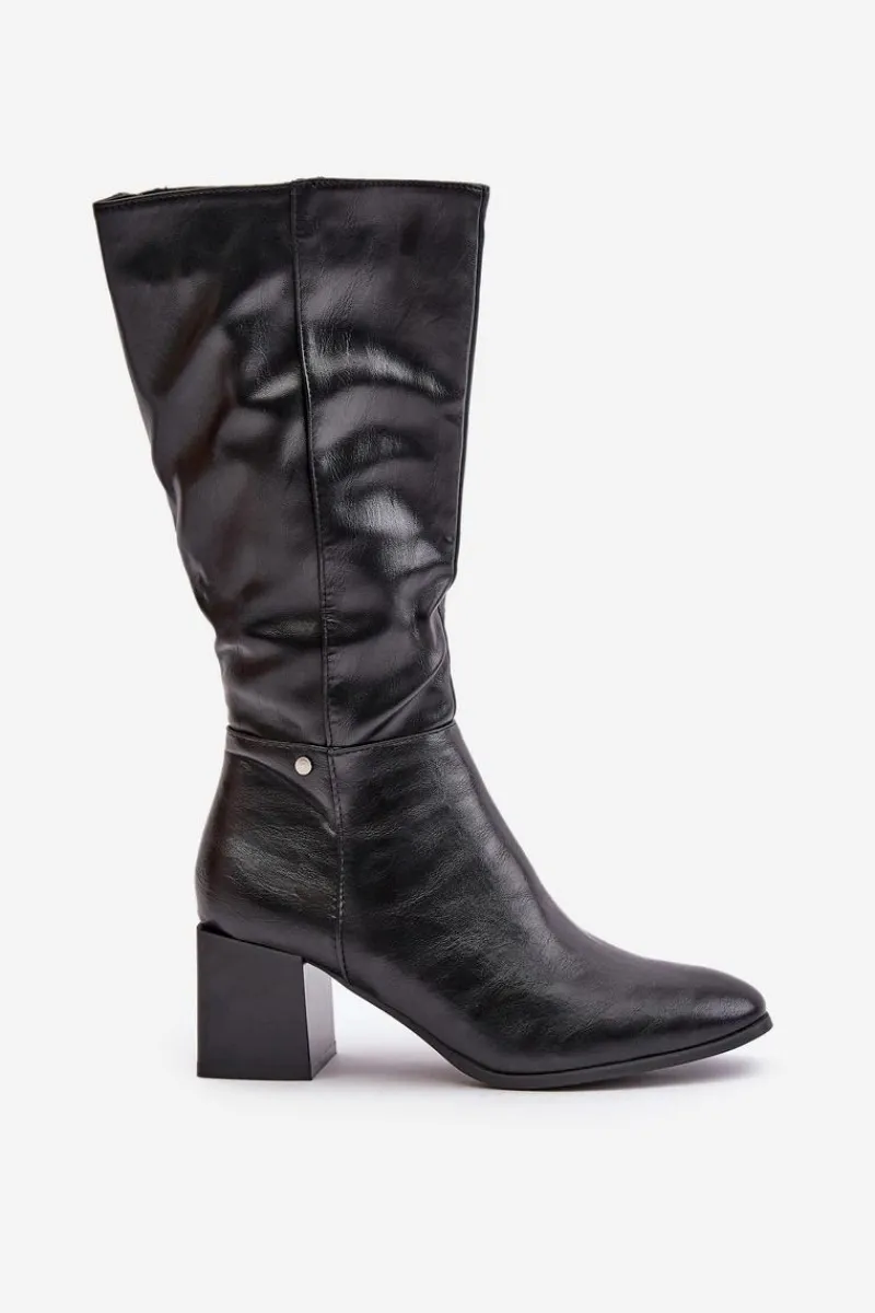 Sale Ocieplnae Kozaki Na Słupku Eko Skórzane Do Połowy Łydki Czarne Ellithira Damskie Kozaki Ocieplane|Kozaki Na Słupku