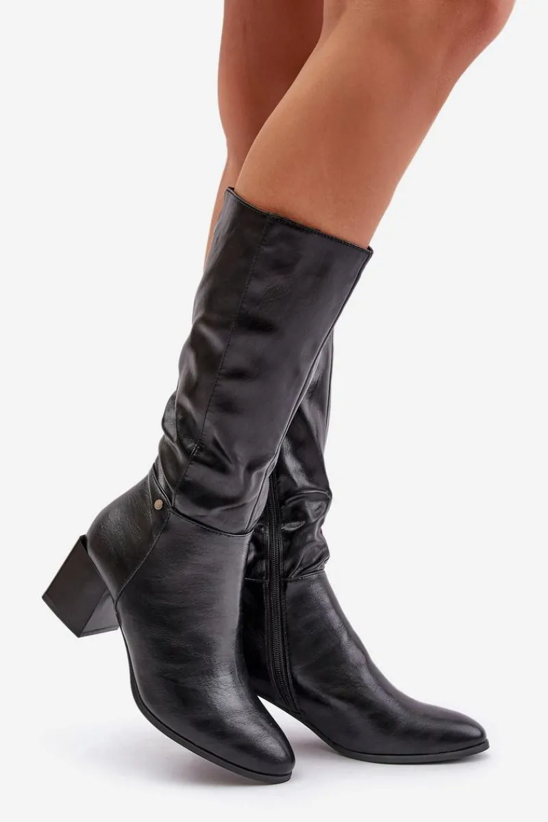 Sale Ocieplnae Kozaki Na Słupku Eko Skórzane Do Połowy Łydki Czarne Ellithira Damskie Kozaki Ocieplane|Kozaki Na Słupku