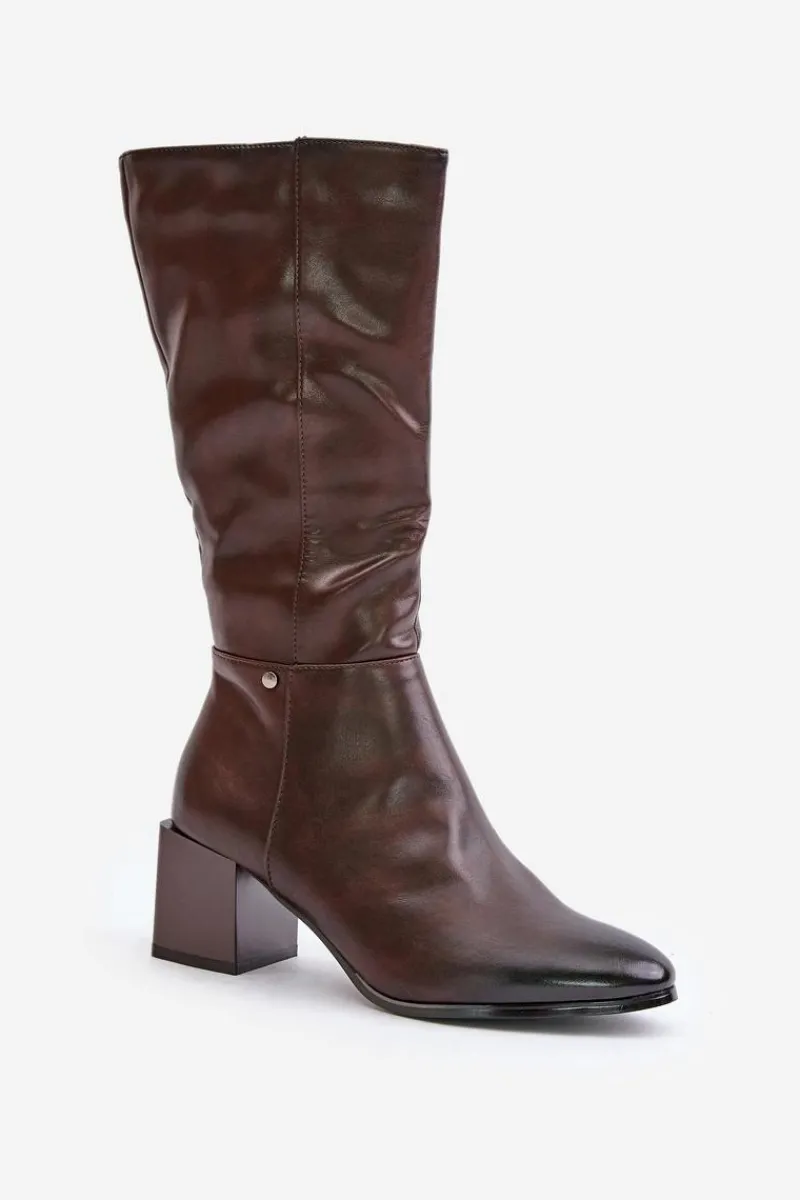 Boto Ocieplnae Kozaki Na Słupku Eko Skórzane Do Połowy Łydki Brązowe Ellithira Brązowy