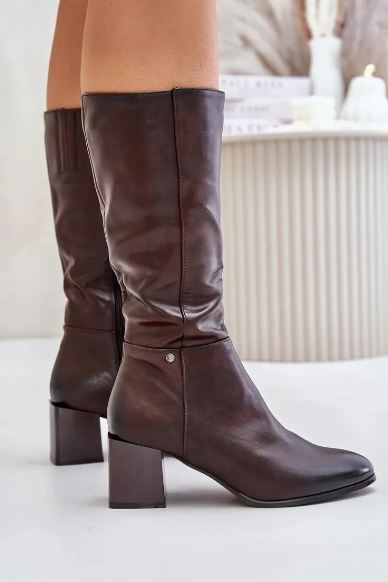 Boto Ocieplnae Kozaki Na Słupku Eko Skórzane Do Połowy Łydki Brązowe Ellithira Brązowy