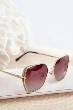 Clearance Okulary Przeciwsłoneczne Damskie Z Brokatowymi Wstawkami UV400 Złoto-Brązowe Okulary