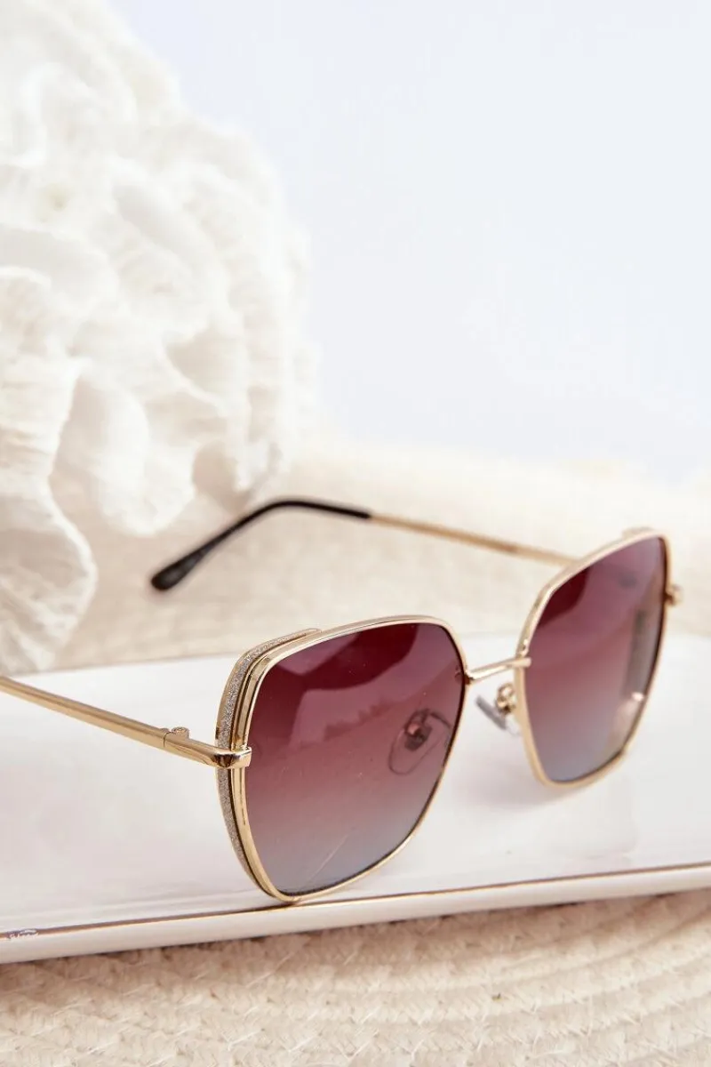 Clearance Okulary Przeciwsłoneczne Damskie Z Brokatowymi Wstawkami UV400 Złoto-Brązowe Okulary