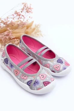 Dziewczęce|Balerinki Dziecięce></noscript>BEFADO Papcie Baleriny Serca 116X319 Szaro-Różowe