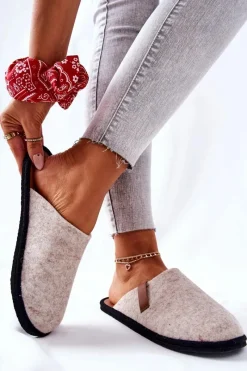 Papcie Damskie Domowe Panto Fino KK267005 Beżowo-Brązowe Damskie Kapcie Klasyczne