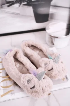 Outlet Boto Papcie Damskie Futrzane Jednorożce Beżowe Rainbow