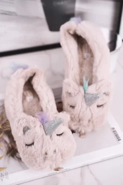 Outlet Boto Papcie Damskie Futrzane Jednorożce Beżowe Rainbow