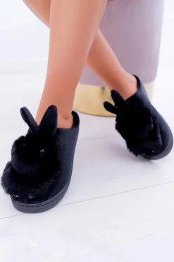 Outlet Papcie Damskie Klasyczne Z Królikiem Czarne Howi Damskie Kapcie Klasyczne