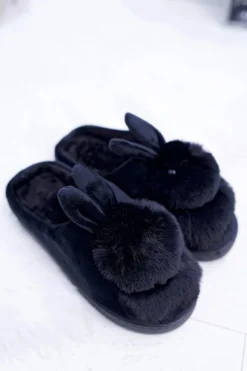 Outlet Papcie Damskie Klasyczne Z Królikiem Czarne Howi Damskie Kapcie Klasyczne