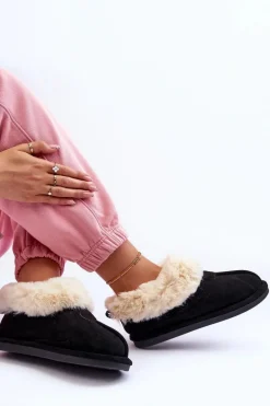 Papcie Damskie Z Futerkiem Czarne Lanoze Damskie Kapcie Klasyczne