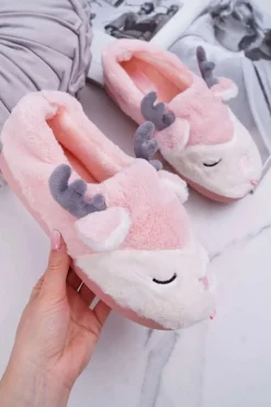 Outlet Papcie Damskie Z Futerkiem Renifery Róż Reindeer Damskie Kapcie Klasyczne