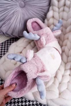 New Papcie Damskie Z Futerkiem Renifery Różowe Deff Damskie Kapcie Klasyczne