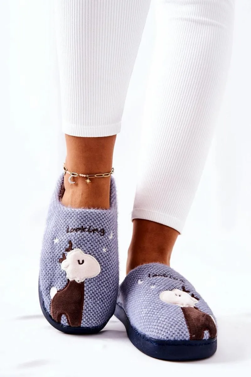 Online Papcie Ocieplane Renifer Niebieskie Jilly Damskie Kapcie Klasyczne