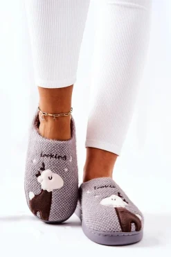 New Papcie Ocieplane Renifer Szare Jilly Damskie Kapcie Klasyczne