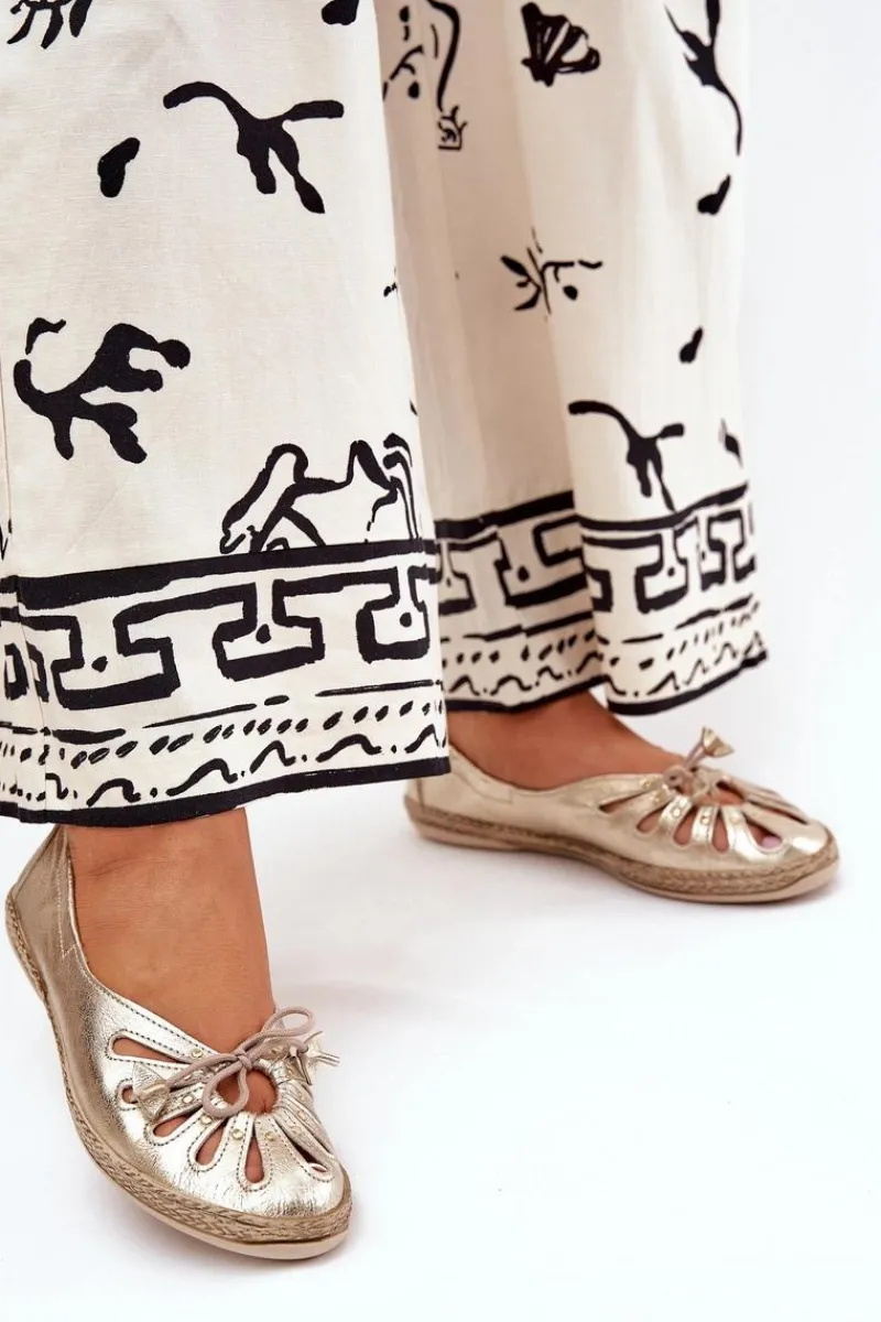 Clearance Płaskie Baleriny Z Naturalnej Skóry 10179 Złote Damskie Baleriny Skórzane|Baleriny Klasyczne