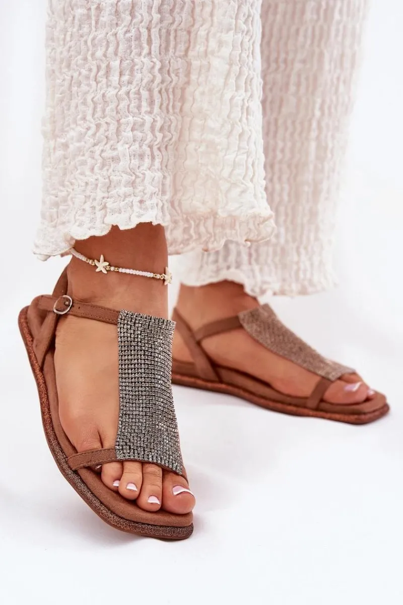 Outlet Artiker Płaskie Eleganckie Sandały Damskie Z Kryształkami 56C1365 Brązowe Brązowy