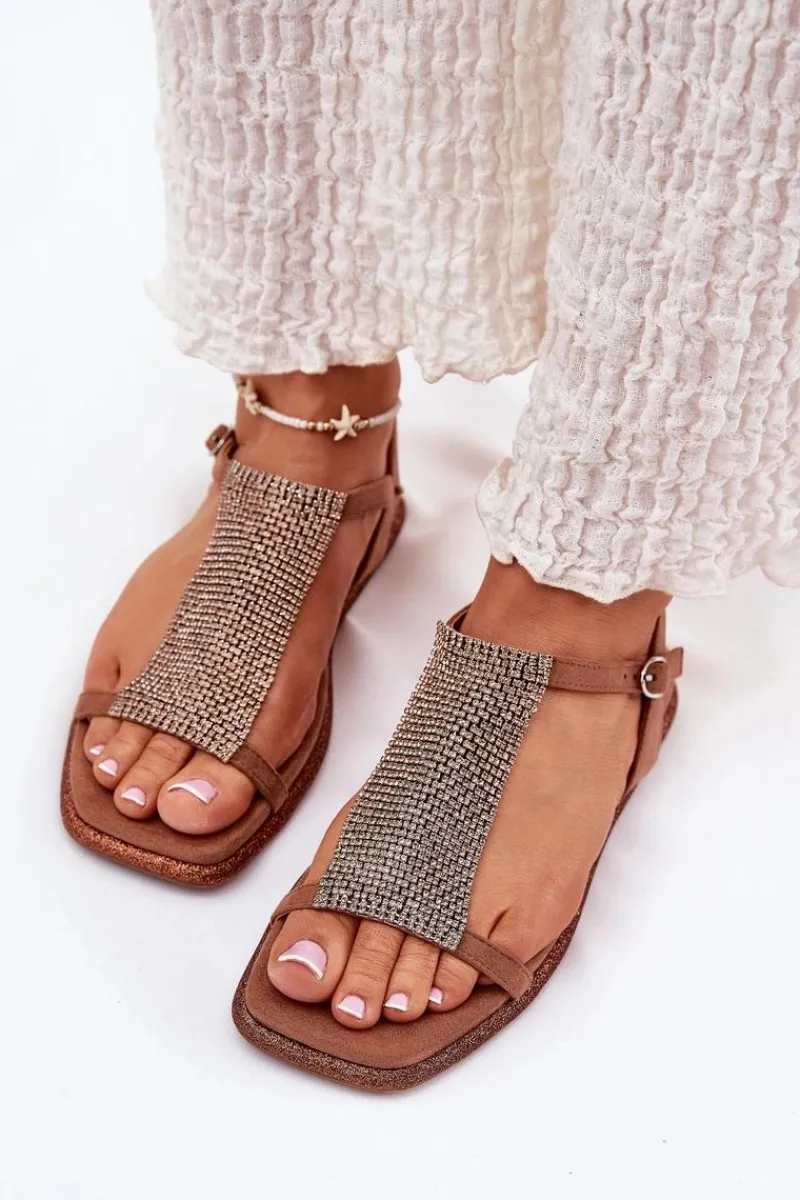 Outlet Artiker Płaskie Eleganckie Sandały Damskie Z Kryształkami 56C1365 Brązowe Brązowy