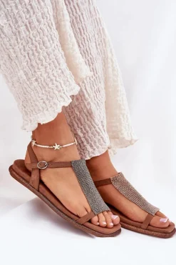 Outlet Artiker Płaskie Eleganckie Sandały Damskie Z Kryształkami 56C1365 Brązowe Brązowy