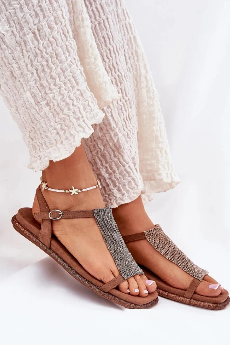 Outlet Artiker Płaskie Eleganckie Sandały Damskie Z Kryształkami 56C1365 Brązowe Brązowy