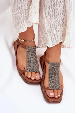 Outlet Artiker Płaskie Eleganckie Sandały Damskie Z Kryształkami 56C1365 Brązowe Brązowy