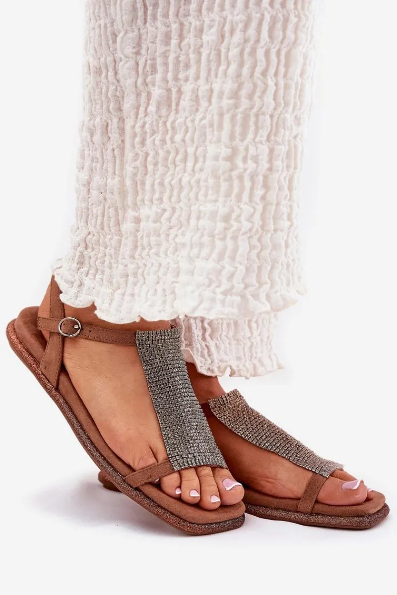 Outlet Artiker Płaskie Eleganckie Sandały Damskie Z Kryształkami 56C1365 Brązowe Brązowy