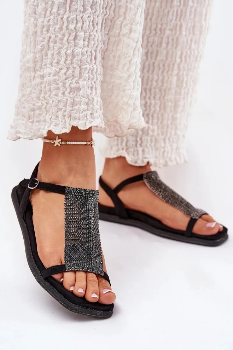 Clearance Płaskie Eleganckie Sandały Damskie Z Kryształkami 56C1370 Czarne Damskie Sandały Płaskie