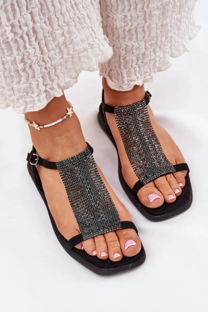 Clearance Płaskie Eleganckie Sandały Damskie Z Kryształkami 56C1370 Czarne Damskie Sandały Płaskie