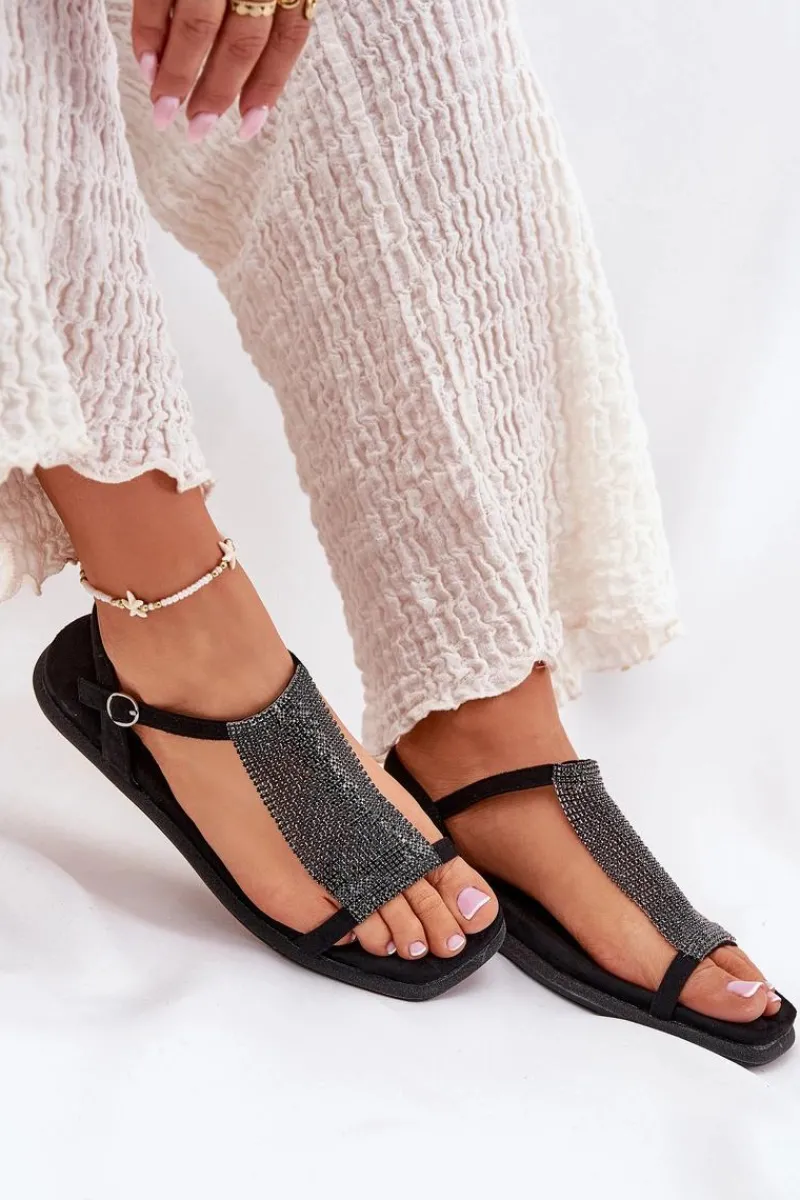 Clearance Płaskie Eleganckie Sandały Damskie Z Kryształkami 56C1370 Czarne Damskie Sandały Płaskie