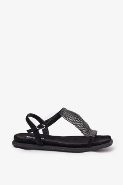 Clearance Płaskie Eleganckie Sandały Damskie Z Kryształkami 56C1370 Czarne Damskie Sandały Płaskie