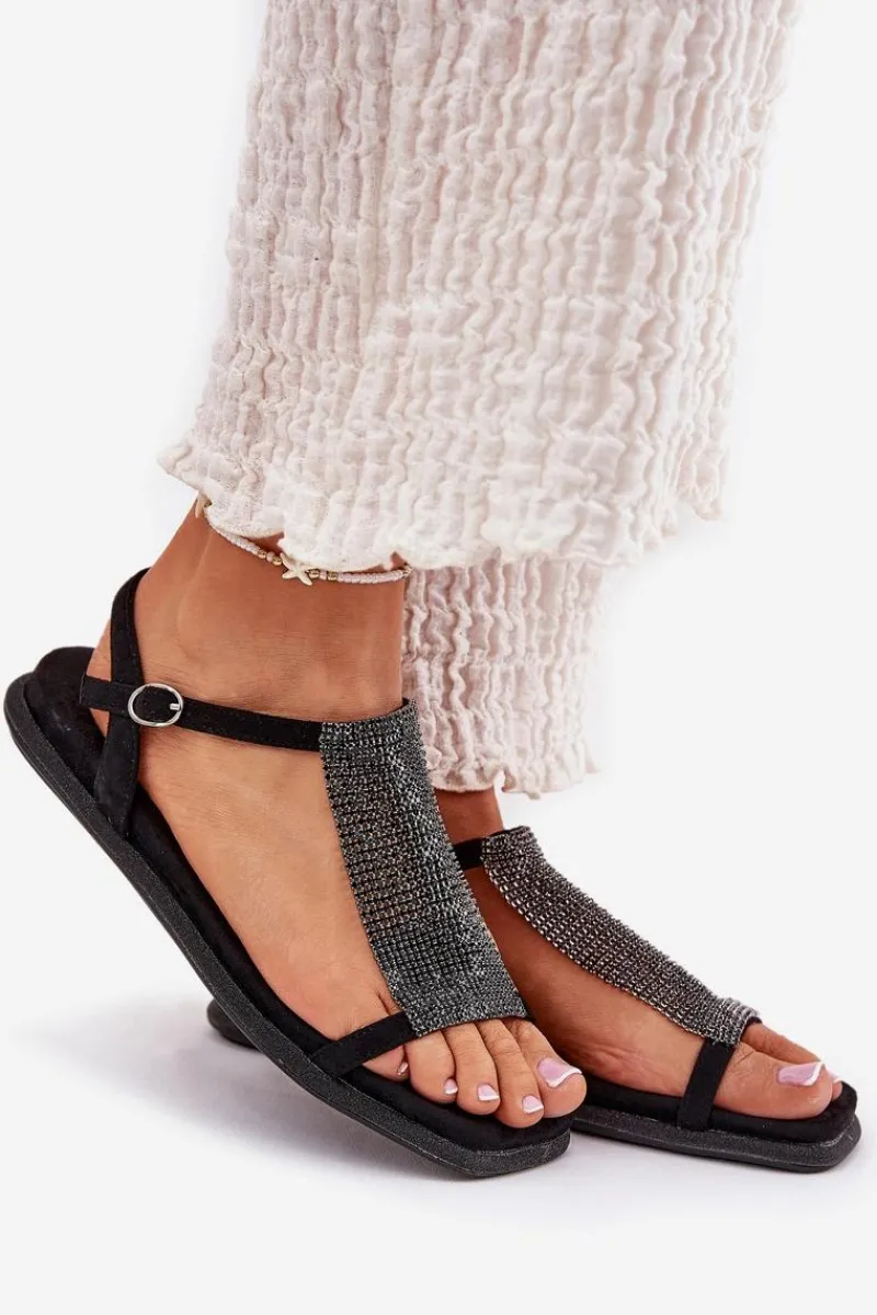 Clearance Płaskie Eleganckie Sandały Damskie Z Kryształkami 56C1370 Czarne Damskie Sandały Płaskie