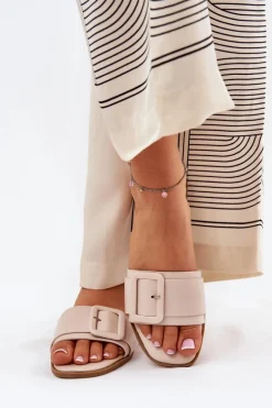 Discount Płaskie Klapki Damskie Eko Skórzane Z Klamrą Beżowe Bamma Damskie Klapki Damskie Klasyczne