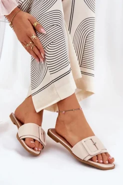 Discount Płaskie Klapki Damskie Eko Skórzane Z Klamrą Beżowe Bamma Damskie Klapki Damskie Klasyczne