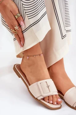 Discount Płaskie Klapki Damskie Eko Skórzane Z Klamrą Beżowe Bamma Damskie Klapki Damskie Klasyczne