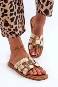 Best Płaskie Klapki Damskie Z Eko Skóry Złote Risamay Damskie Klapki Damskie Klasyczne