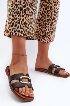 Online Płaskie Klapki Damskie Z Eko Skóry Sergio Leone SK077H Czarne Damskie Klapki Damskie Klasyczne